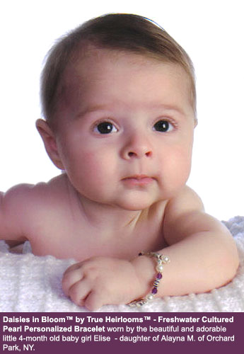 BeadifulBABY.com - Customer Testimonials - Daisies in Bloom™ by True Heirlooms™ - Freshwater Cultured Pearl Personalized Bracelet worn by the beautiful and adorable little 4-month old baby girl Elise  - daughter of Alayna M. of Orchard Park, NY.