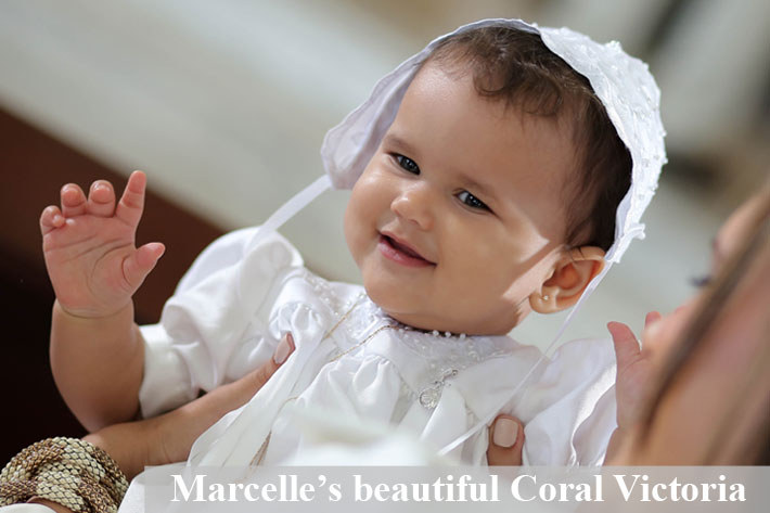 BeadifulBABY.com - Customer Testimonials - Beautiful Coral Victoria is wearing the Guardian Angel -14K White Gold Religious Christening Pin - Brooch Jewelry for Baby