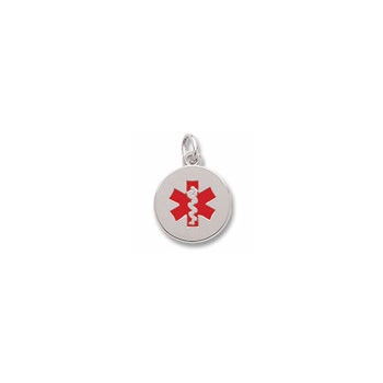 Medical Alert with Red Enamel - Small Round Sterling Silver Rembrandt Charm – Engravable on back - Add to a bracelet or necklace - BEST SELLER