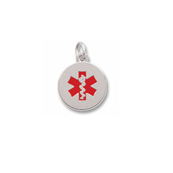 Medical Alert with Red Enamel - Small Round Sterling Silver Rembrandt Charm – Engravable on back - Add to a bracelet or necklace - BEST SELLER/