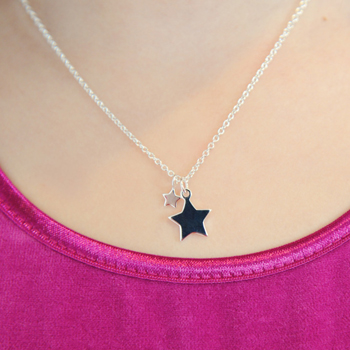 Gorgeous Girls Double Star Necklace - Sterling Silver Rhodium - 14" Chain Adjustable at 14", 13", and 12" - Engravable on the front and back