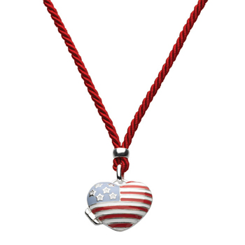 USA - Silver Stars and Stripes American Flag Heart Locket Necklace - Sterling Silver Rhodium Girls Heart Locket Necklace - 30" Adjustable Cord - BEST SELLER