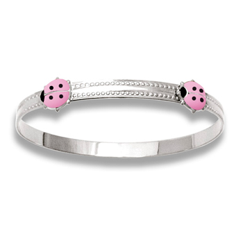 Keepsake Adjustable Bracelets - High Polished Sterling Silver Rhodium Pink Ladybugs Adjustable Bangle Bracelet - One bracelet fits baby, toddler, and child up to 5 years