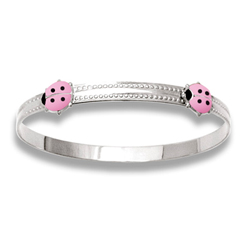 Keepsake Adjustable Bracelets - High Polished Sterling Silver Rhodium Pink Ladybugs Adjustable Bangle Bracelet - One bracelet fits baby, toddler, and child up to 5 years/