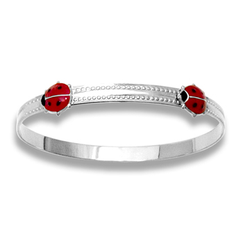Keepsake Adjustable Bracelets - High Polished Sterling Silver Rhodium Red Ladybugs Adjustable Bangle Bracelet - One bracelet fits baby, toddler, and child up to 5 years