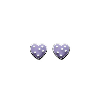 Adorable Purple Polka Dotted Enameled Girls Heart Earrings - Sterling Silver Rhodium - Push-Back Posts