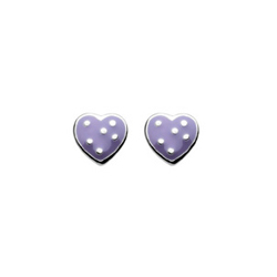 Adorable Purple Polka Dotted Enameled Girls Heart Earrings - Sterling Silver Rhodium - Push-Back Posts/