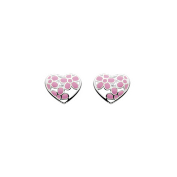 Perfect Flower Girl Pink Flowers Enameled Girls Heart Earrings - Sterling Silver Rhodium - Push-Back Posts - BEST SELLER