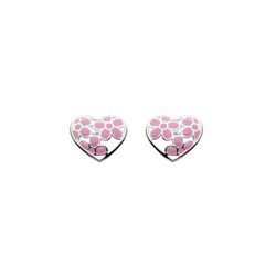 Perfect Flower Girl Pink Flowers Enameled Girls Heart Earrings - Sterling Silver Rhodium - Push-Back Posts - BEST SELLER/