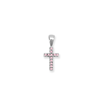 Little Girls Pink Sapphire 14K White Gold Tiny Cross Pendant Necklace - Includes a 15" 14K White Gold Rope Chain