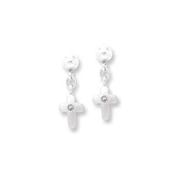 Dangle Cross Genuine Diamond Earrings for Girls - Sterling Silver Rhodium Earrings with Push-Back Posts