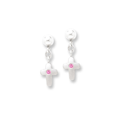 Dangle Cross Genuine Pink Sapphire Earrings for Girls - Sterling Silver Rhodium Earrings with Push-Back Posts - BEST SELLER/