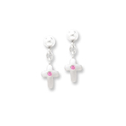 Dangle Cross Genuine Pink Sapphire Earrings for Girls - Sterling Silver Rhodium Earrings with Push-Back Posts - BEST SELLER