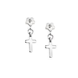Dangle Cross Flower Diamond Earrings for Girls - Sterling Silver Rhodium Earrings with Push-Back Posts/