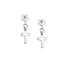 Dangle Cross Pink Sapphire Earrings for Girls - Sterling Silver Rhodium Earrings with Push-Back Posts/