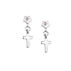 Dangle Cross Pink Sapphire Earrings for Girls - Sterling Silver Rhodium Earrings with Push-Back Posts
