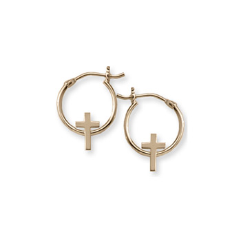First Communion Gold Hoop Cross Earrings for Girls - 14K Yellow Gold Hoop Earrings for Girls - Ages 6 and up