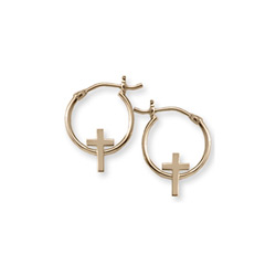 First Communion Gold Hoop Cross Earrings for Girls - 14K Yellow Gold Hoop Earrings for Girls - Ages 6 and up/