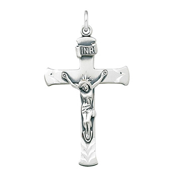 Engravable First Communion Gifts for Boys -Teen Boys Large Sterling Silver Rhodium Crucifix Cross - Engravable on Back - Includes 24" Stainless (White) Chain