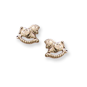 Gold Rocking Horse Earrings for Girls - 14K Yellow Gold Screw Back Earrings for Baby, Toddler, Child