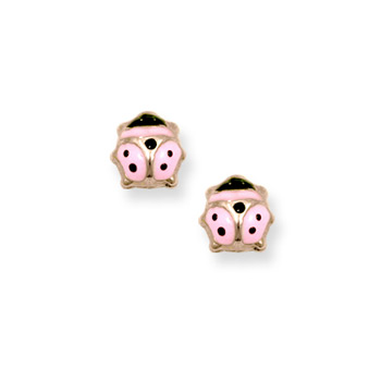 Gold Pink Ladybug Earrings for Girls - 14K Yellow Gold Screw Back Earrings for Baby, Toddler, Child - BEST SELLER