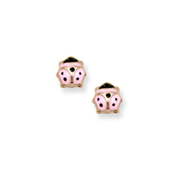 Gold Pink Ladybug Earrings for Girls - 14K Yellow Gold Screw Back Earrings for Baby, Toddler, Child - BEST SELLER/