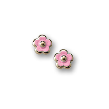 Gold Pink Enamelded Flower Earrings for Girls - 14K Yellow Gold Screw Back Earrings for Baby, Toddler, Child