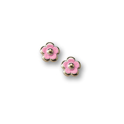 Gold Pink Enamelded Flower Earrings for Girls - 14K Yellow Gold Screw Back Earrings for Baby, Toddler, Child/