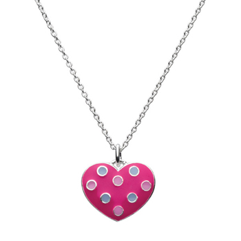 Adorable Bright Pink Polka Dotted Enameled Girls Heart Necklace - Sterling Silver Rhodium - 16" chain included