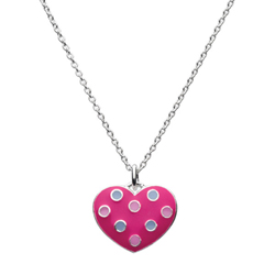 Adorable Bright Pink Polka Dotted Enameled Girls Heart Necklace - Sterling Silver Rhodium - 16