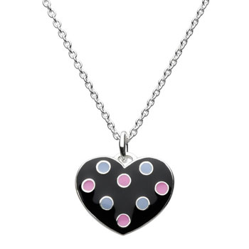 Adorable Black Polka Dotted Enameled Girls Heart Necklace - Sterling Silver Rhodium - 16" chain included