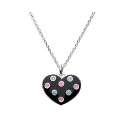Adorable Black Polka Dotted Enameled Girls Heart Necklace - Sterling Silver Rhodium - 16