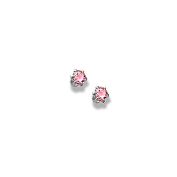 October Birthstone Sterling Silver Rhodium Screw Back Earrings for Babies & Toddlers - 3mm Synthetic Pink Tourmaline Gemstone - Safety threaded screw back post