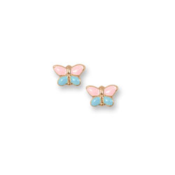 Pink and Blue Gold Butterfly Earrings for Girls - 14K Yellow Gold Screw Back Earrings for Baby, Toddler, Child - BEST SELLER/