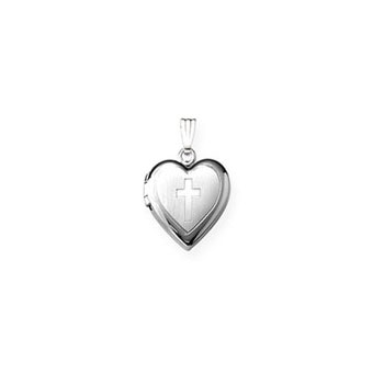 Religious Lockets to Love - Sterling Silver Rhodium 13mm Cross Heart Photo Locket - Engravable on back - 15" Chain Included