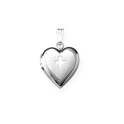 Religious Lockets to Love - Sterling Silver Rhodium 13mm Cross Heart Photo Locket - Engravable on back - 15