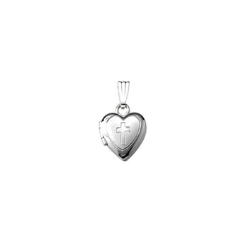 Religious Lockets to Love - 14K White Gold 9mm Cross Heart Locket - Engravable on back - 13" chain included