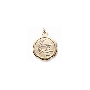 Happy Birthday - Small Ornate Round 10K Yellow Gold Rembrandt Charm – Engravable on back - Add to a bracelet or necklace - BEST SELLER