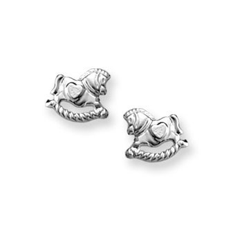 Silver Rocking Horse Earrings for Girls - Sterling Silver Rhodium Screw Back Earrings for Baby, Toddler, Child