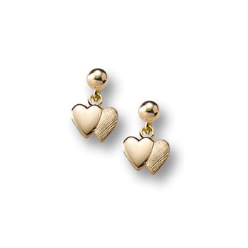 Double Heart Dangle Earrings for Girls - 14K Yellow Gold Screw Back Earrings for Baby Girls