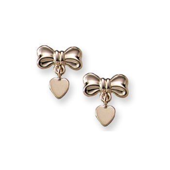 Heart Bow Dangle Earrings for Girls - 14K Yellow Gold Screw Back Earrings for Baby Girls