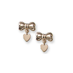 Heart Bow Dangle Earrings for Girls - 14K Yellow Gold Screw Back Earrings for Baby Girls/