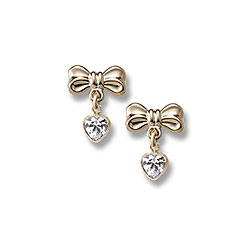 Heart Bow Dangle Earrings for Girls - 14K Yellow Gold April Diamond (Cubic Zirconia) C.Z. Screw Back Earrings for Baby Girls/