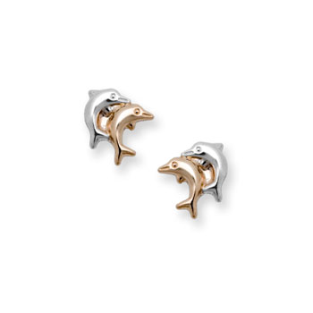 Gold Double Dolphin Earrings for Girls - Two-Tone 14K Yellow Gold Screw Back Earrings for Baby, Toddler, Child