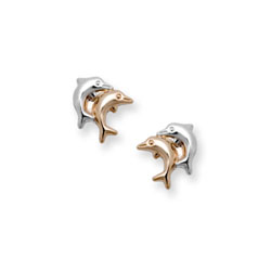 Gold Double Dolphin Earrings for Girls - Two-Tone 14K Yellow Gold Screw Back Earrings for Baby, Toddler, Child/