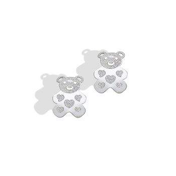 White Gold Teddy Bear with Embossed Hearts Earrings for Girls - 14K White Gold Screw Back Earrings for Baby, Toddler, Child