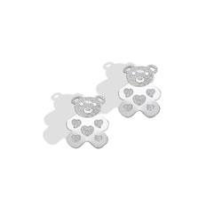 White Gold Teddy Bear with Embossed Hearts Earrings for Girls - 14K White Gold Screw Back Earrings for Baby, Toddler, Child/
