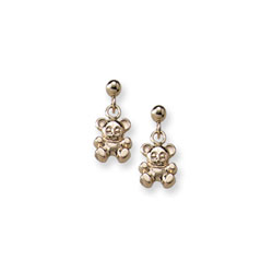 Gold Teddy Bear Dangle Earrings for Girls - 14K Yellow Gold Screw Back Girls Earrings/