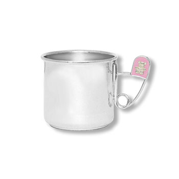 Heirloom Baby Gifts - Heirloom Quality Heavy Gauge Engravable Sterling Silver Baby Cup with Pink Diaper Pin Handle - Personalize the front and back - 2" Tall - BEST SELLER