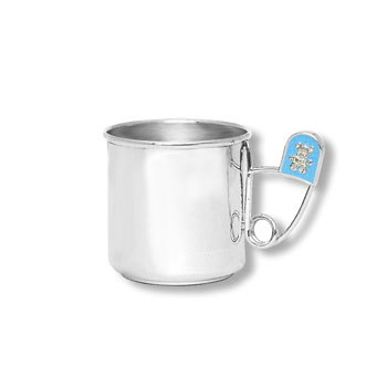 Heirloom Baby Gifts - Heirloom Quality Heavy Gauge Engravable Sterling Silver Baby Cup with Blue Diaper Pin Handle - Personalize the front and back - 2" Tall - BEST SELLER